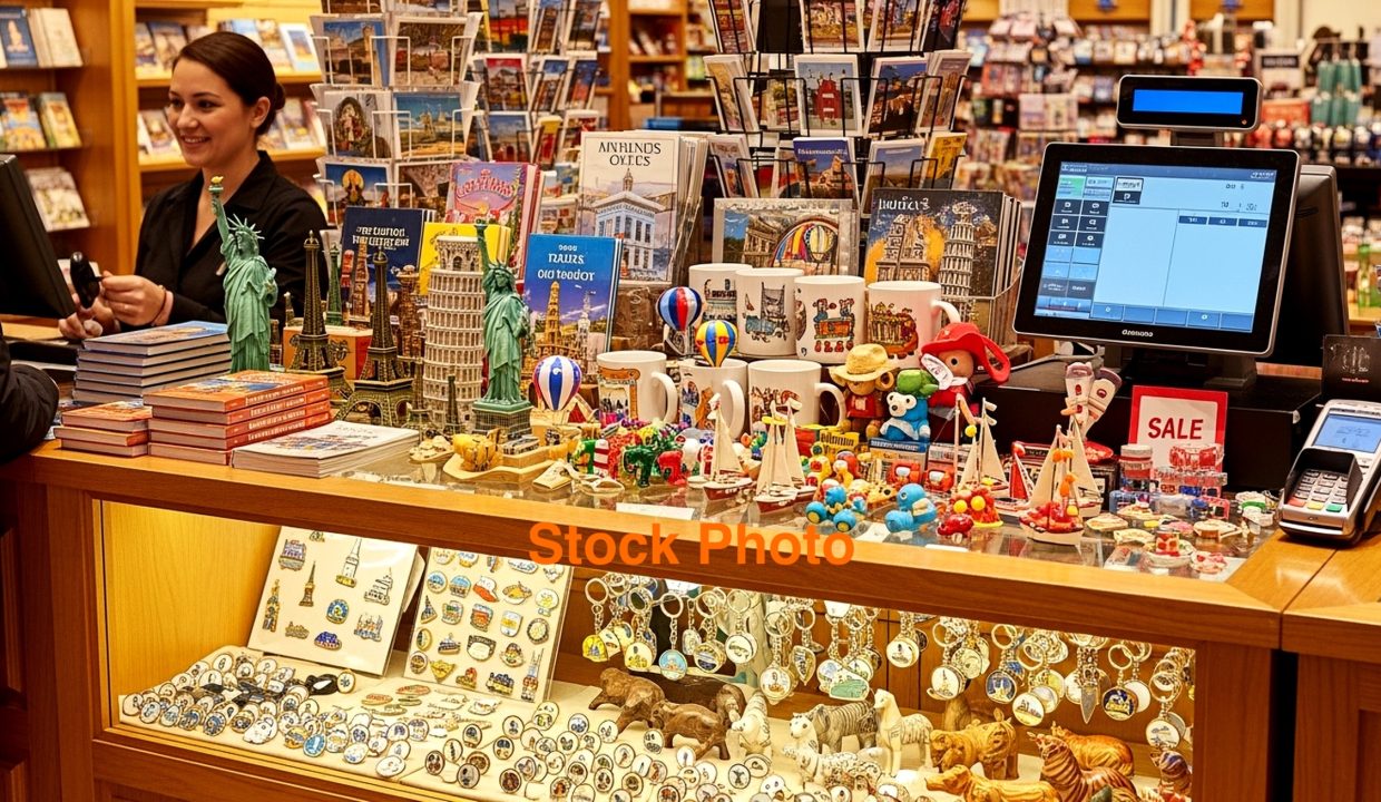 Gift Shop Counter with Souvenirs and Clerk.