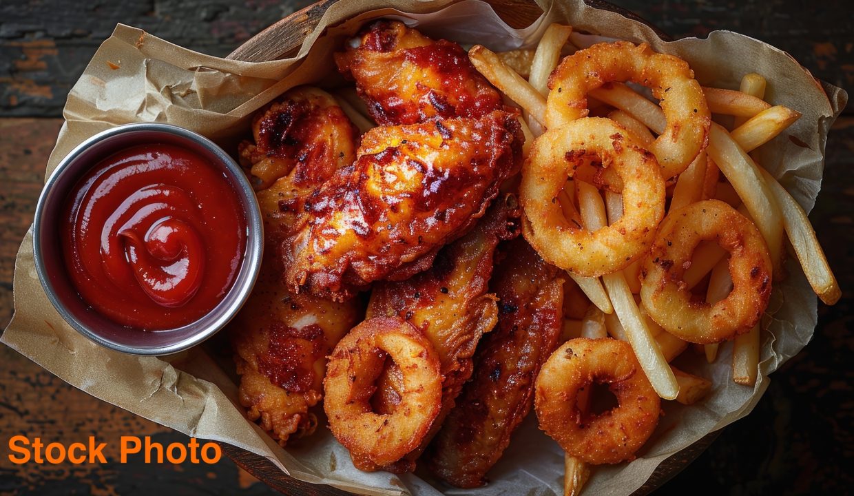Appetizing chicken wings onion rings and fries with sauce overhead shot