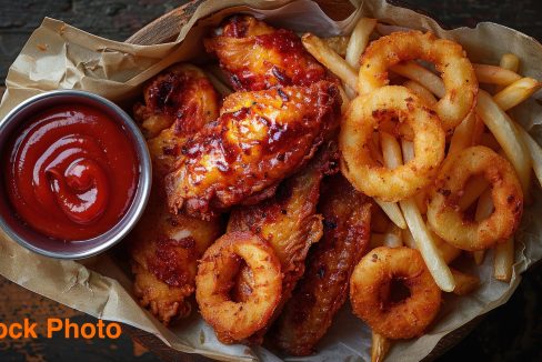 Appetizing chicken wings onion rings and fries with sauce overhead shot