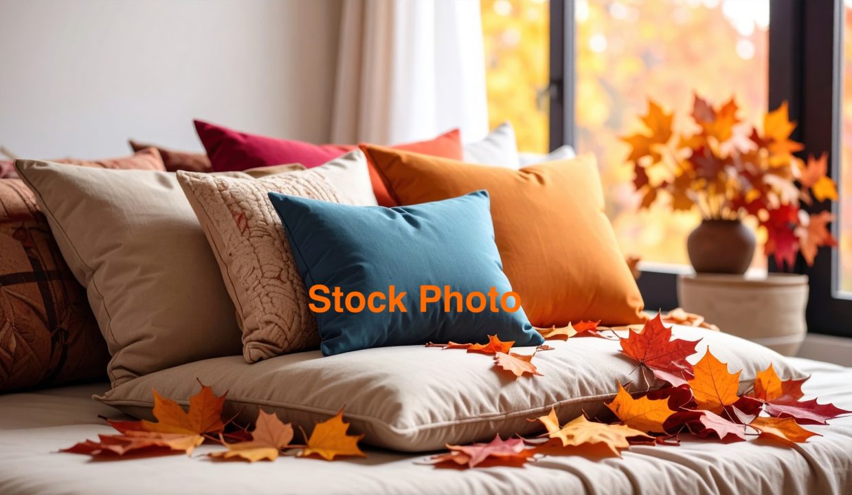 Cozy pillows in warm autumn colors are arranged on sofa, surrounded by vibrant fallen leaves, creating serene and inviting atmosphere perfect for season