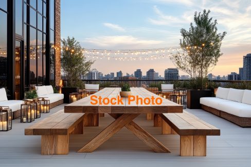 Spacious wooden rooftop table with communal seating, surrounded by cozy lanterns and city