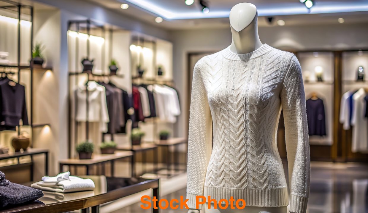 upscale boutique, mannequin, elegant, white sweater, A stylish white sweater is showcased on a mannequin in an upscale boutique drawing attention with its leading lines and elegant display