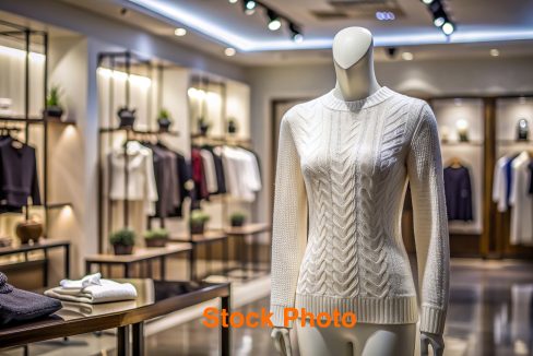 upscale boutique, mannequin, elegant, white sweater, A stylish white sweater is showcased on a mannequin in an upscale boutique drawing attention with its leading lines and elegant display