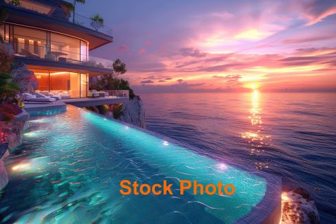 Luxury infinity pool overlooking ocean at sunset vacation travel destination architecture design