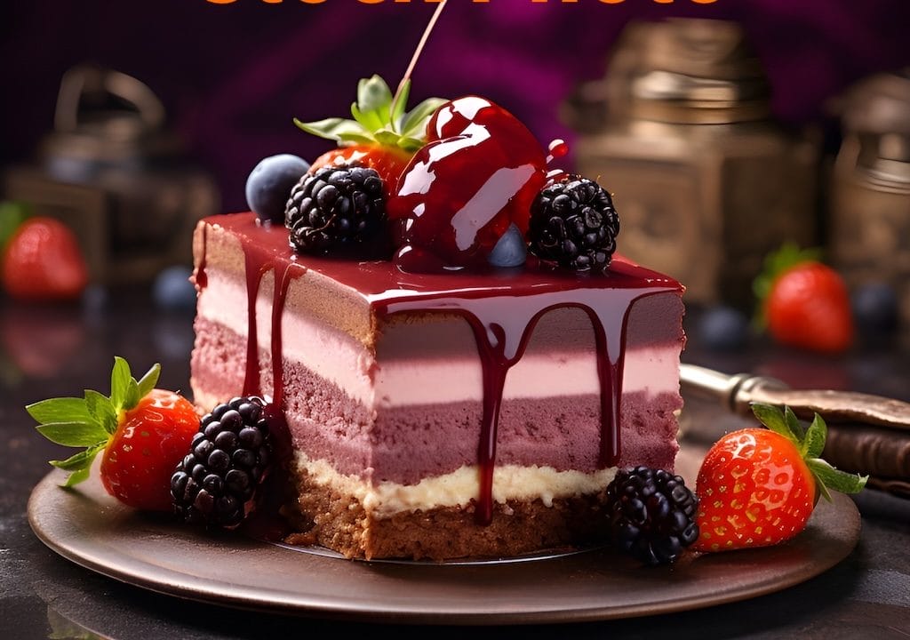 Homemade chocolate cake sweet pastry dessert with brown cherries raspberry currant.