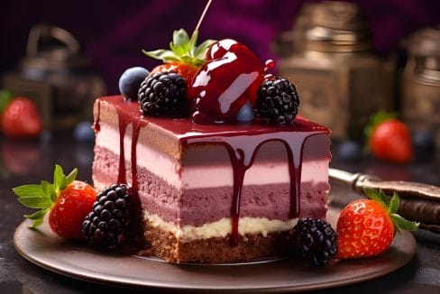 Homemade chocolate cake sweet pastry dessert with brown cherries raspberry currant.